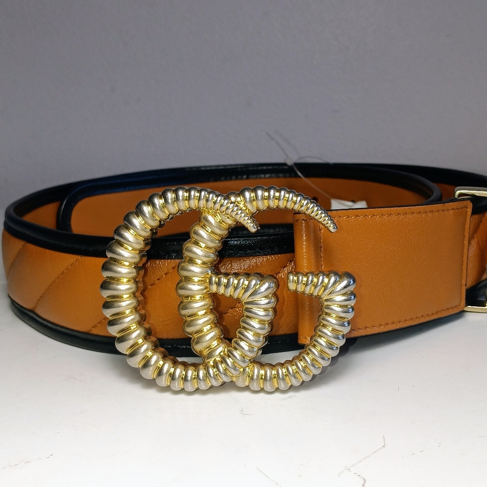 NEW GUCCI GG WIDE BELT GOLD-TONE TORCHON BUCKLE COGNAC/BLACK LEATHER SZ 36/90 - Picture 4 of 16